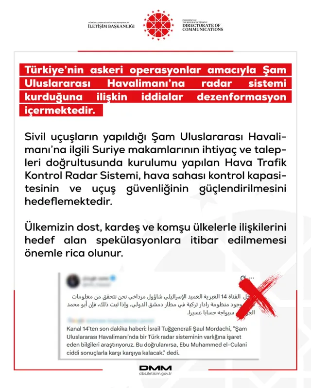 İletişim'den "Şam Havalimanı'na radar kuruldu" iddialarına yalanlama