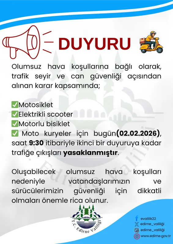 Edirne’de motosiklet ve elektrikli scooterlara trafik yasağı!