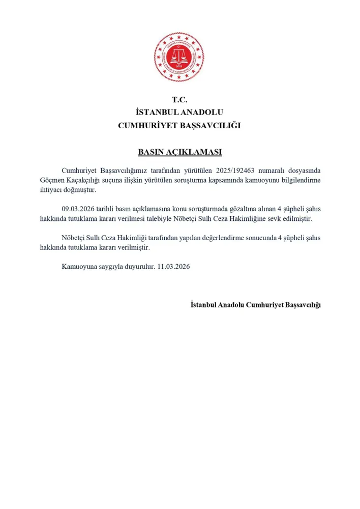 İstanbul’da göçmen kaçakçılığı operasyonunda 4 şüpheli tutuklandı