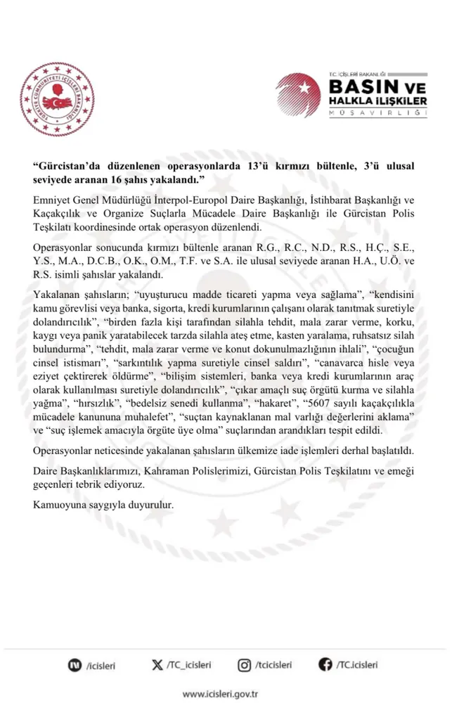 Kırmızı bültenle aranan 16 şahıs Gürcistan’da yakalandı