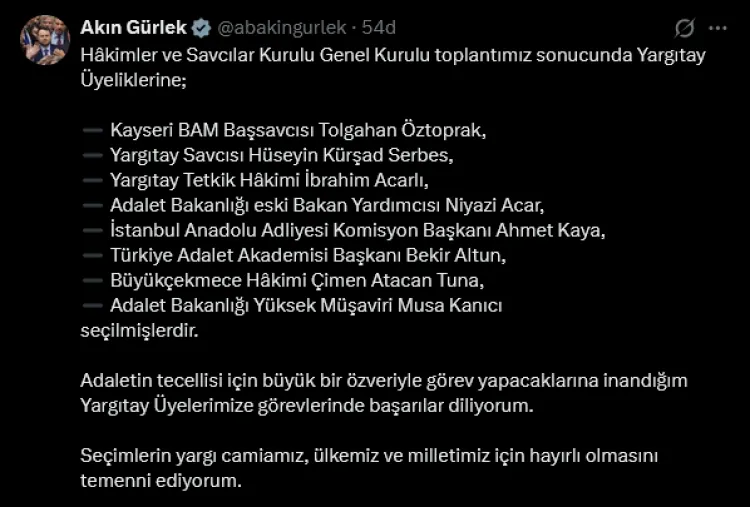 HSK, Yargıtay üyeliklerini belirledi... Bakan Gürlek açıkladı