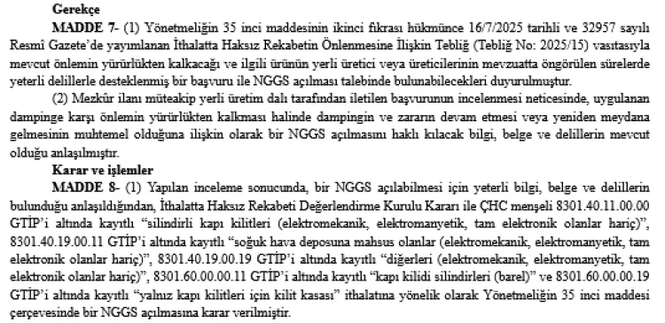 Çin menşeli kapı kilitlerine damping soruşturması