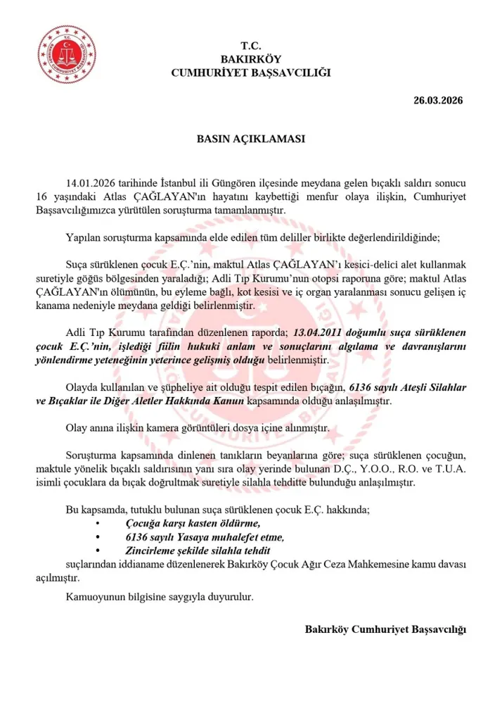 16 yaşındaki Atlas Çağlayan cinayetinde iddianame hazır